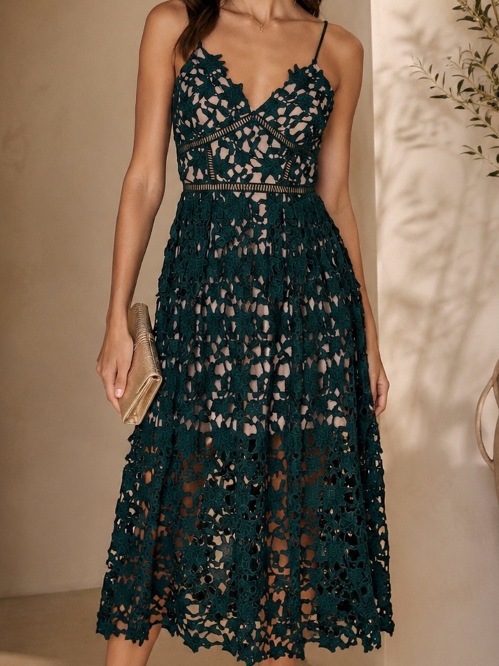 AQUA Dark Green Lace Illusion Midi Dress | Floral Lace Overlay | Size Small